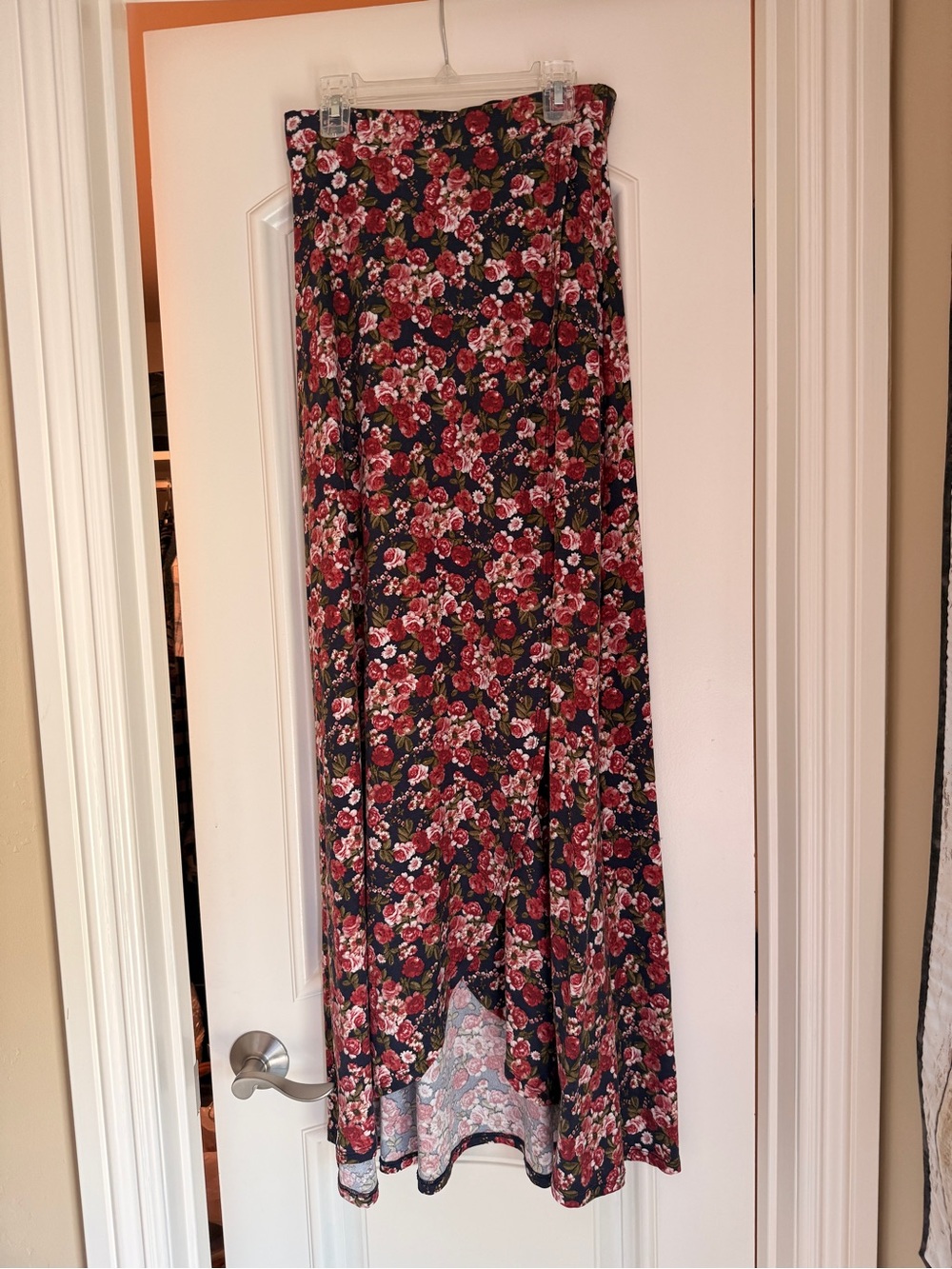 Sadie & Sage Navy Maxi Skirt with Pink & Red Floral Print